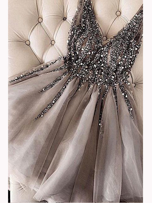 Sequins Beaded V-neck Tulle Short Prom Dress Party Dress OP203