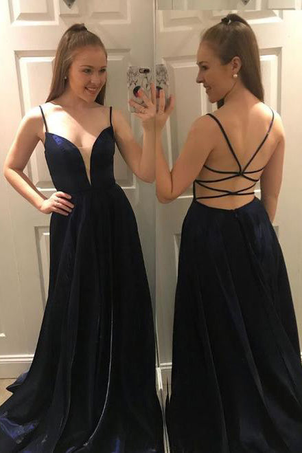 Sexy Dark Blue Spaghetti-straps Backless Long Prom Dress OP346
