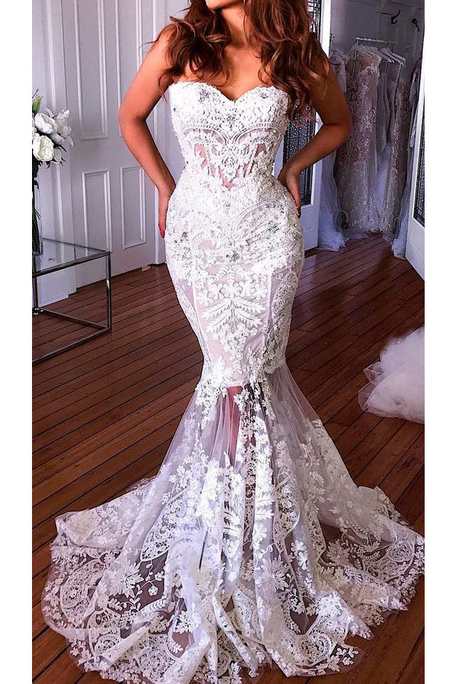 Sexy Mermaid Sweetheart Lace Appliques Beach Wedding Dress OW325