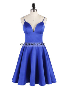 Royal Blue Spaghetti-straps V-neck Backless Satin Short Prom Dress OP165