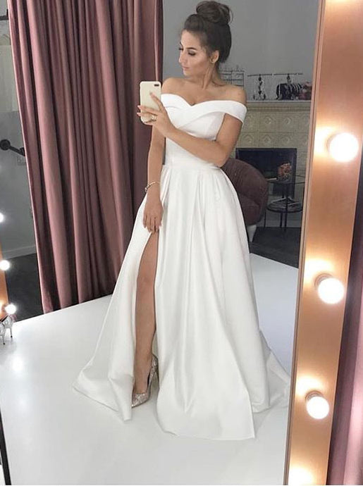 Simple Off-The-Shoulder White A-Line Wedding Dress With Split OW360