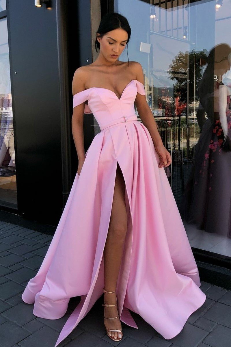 Simple Off-the-shoulder Satin Pink Long Prom Dress with Slit OP661