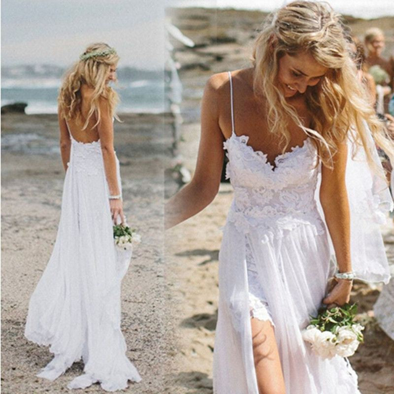 Simple Spaghetti-straps Tulle Lace Appliques Beach Sheath Wedding Dress OW345