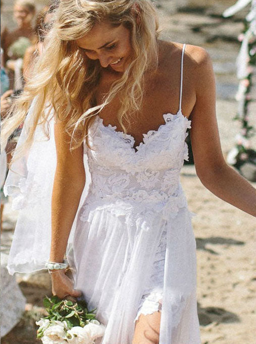 Simple Spaghetti-straps Tulle Lace Applique Beach Sheath Wedding Dress OW345 Simple Spaghetti-straps Tulle Lace Applique Beach Sheath Wedding Dress OW345