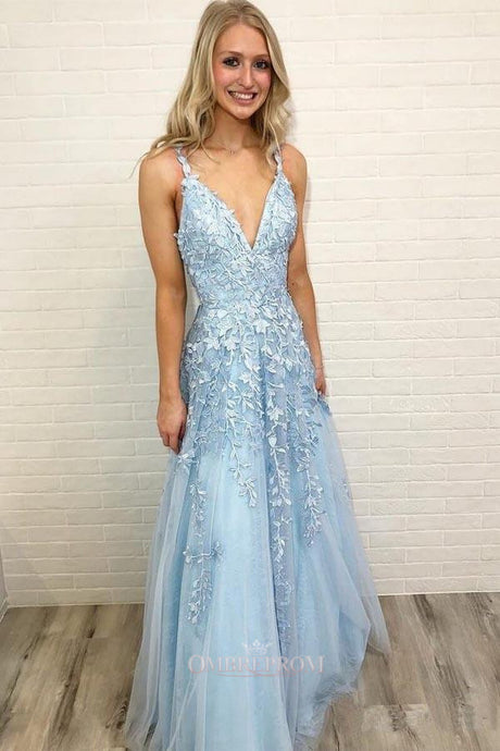 Sky Blue Prom Dress Long V-neck For Teens Lace Party Dress OP480
