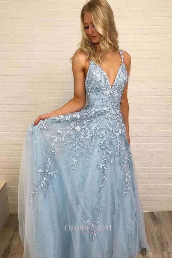 Sky Blue Prom Dress Long V-neck For Teens Lace Party Dress OP480