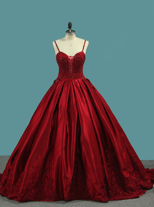 Quinceanera Red Ball Gown Spaghetti Straps Backless Prom Dress With Rhinestone