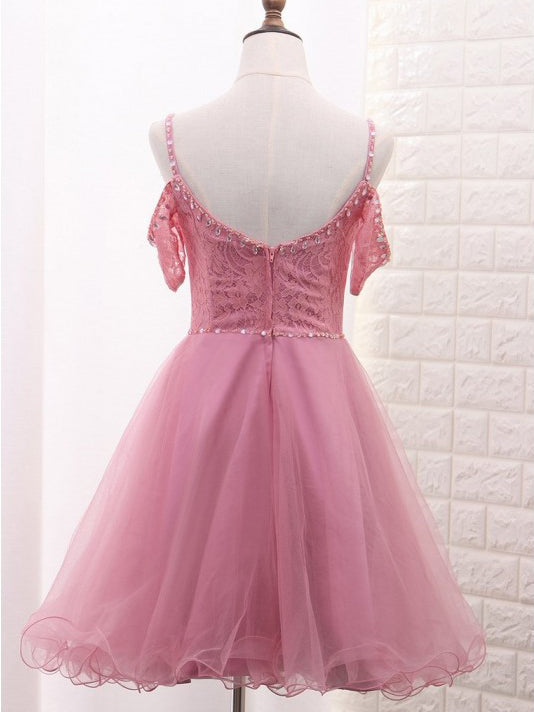 Spaghetti Straps Tulle Lace A Line Drop Shoulder Homecoming Dress OM131
