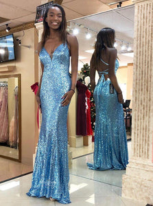 Mermaid Sparkly Blue V Neck Backless Sequins Prom Dress Evening Gown OP498
