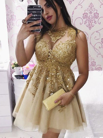 Sparkly Gold Short Prom Dress With Appliques Lace Party Dress OP236