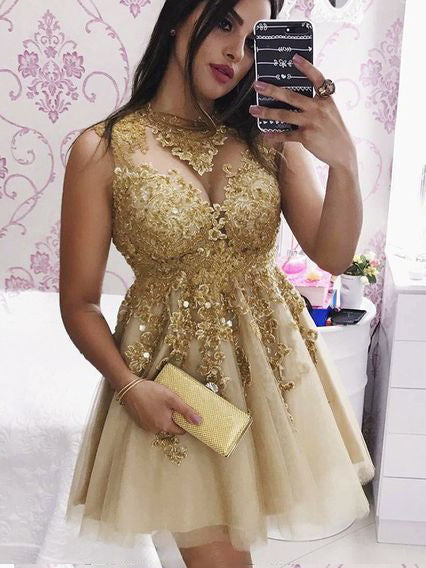 Sparkly Gold Short Prom Dress With Appliques Lace Party Dress OP236 Sparkly Gold Short Prom Dress With Appliques Lace Party Dress OP236