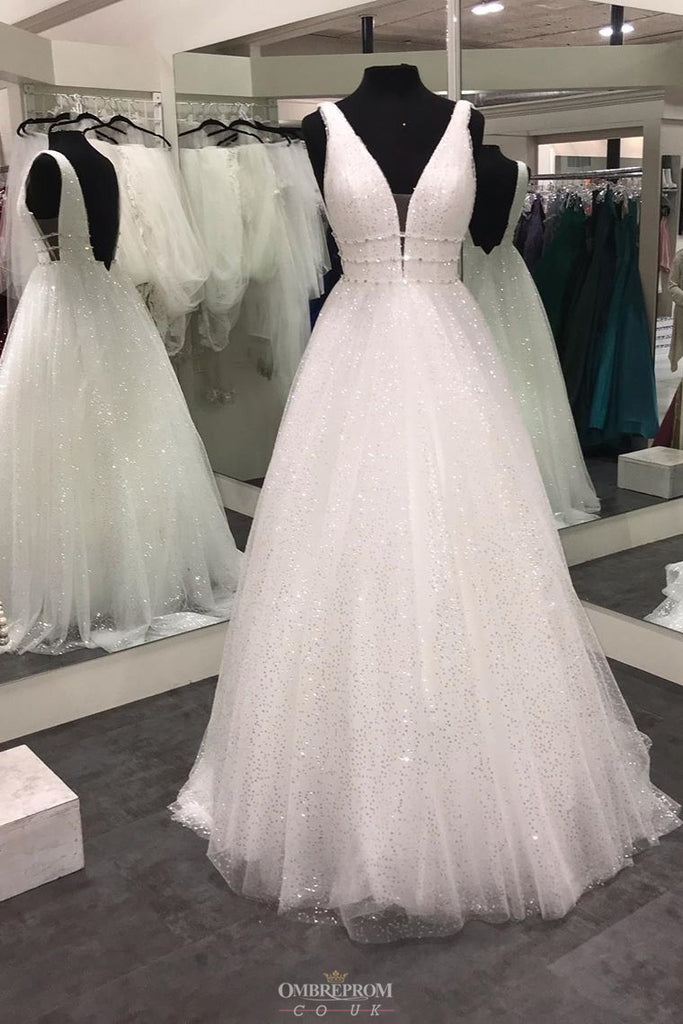 Buy Sparkly Tulle A Line V Neck White Backless Sequin Wedding Dresses OW373 Buy Sparkly Tulle A Line V Neck White Backless Sequin Wedding Dresses OW373