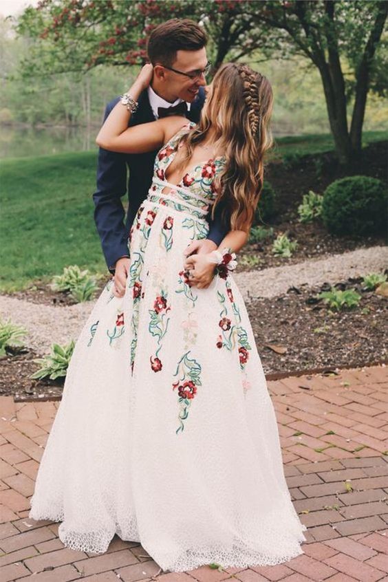 A Line V Neck Backless Straps Lace Long Prom Dress With Embroidery