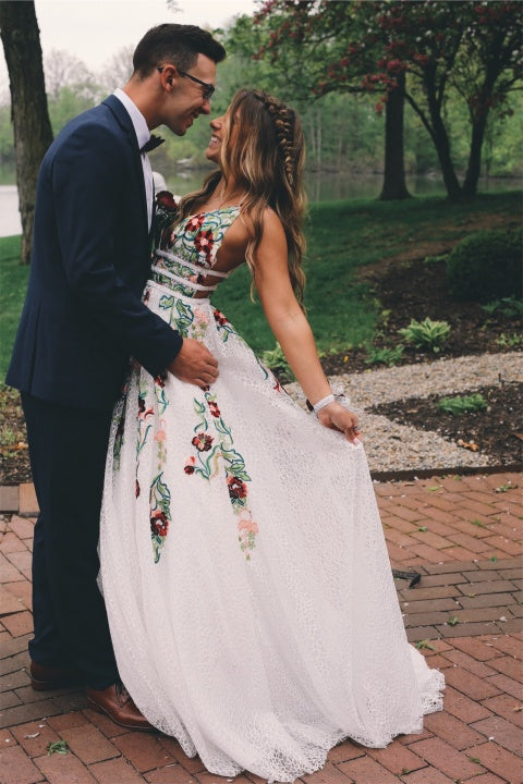 A Line V Neck Backless Straps Lace Long Prom Dress With Embroidery