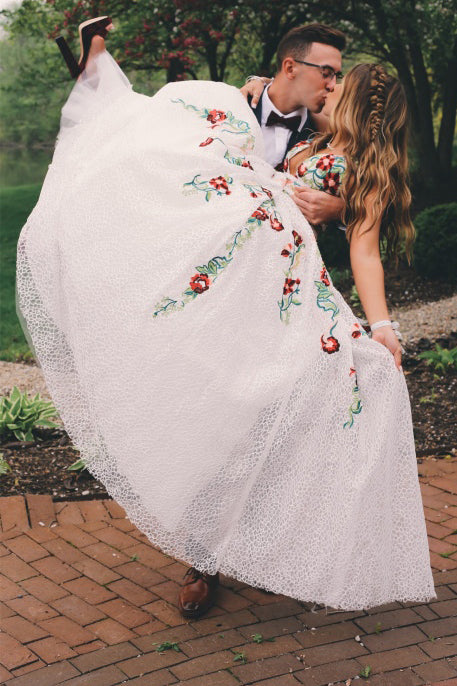 A Line V Neck Backless Straps Lace Long Prom Dress With Embroidery