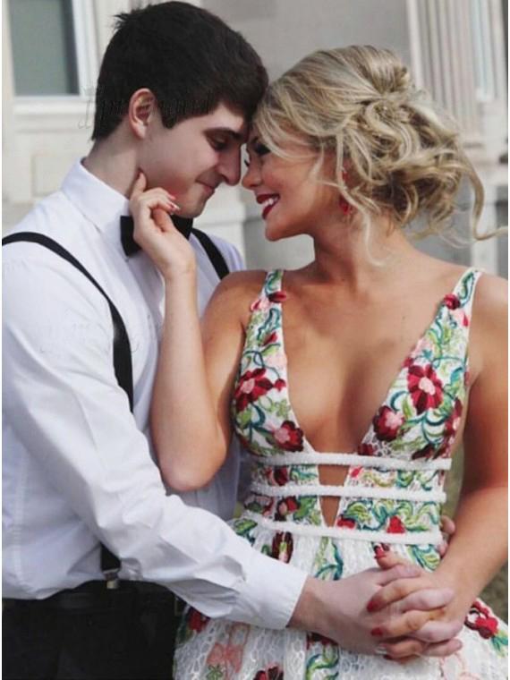 A Line V Neck Backless Straps Lace Long Prom Dress With Embroidery