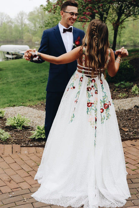 A Line V Neck Backless Straps Lace Long Prom Dress With Embroidery