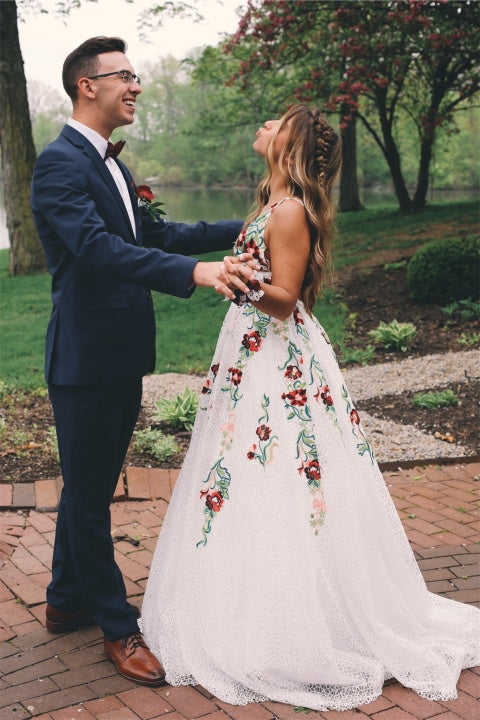 A Line V Neck Backless Straps Lace Long Prom Dress With Embroidery