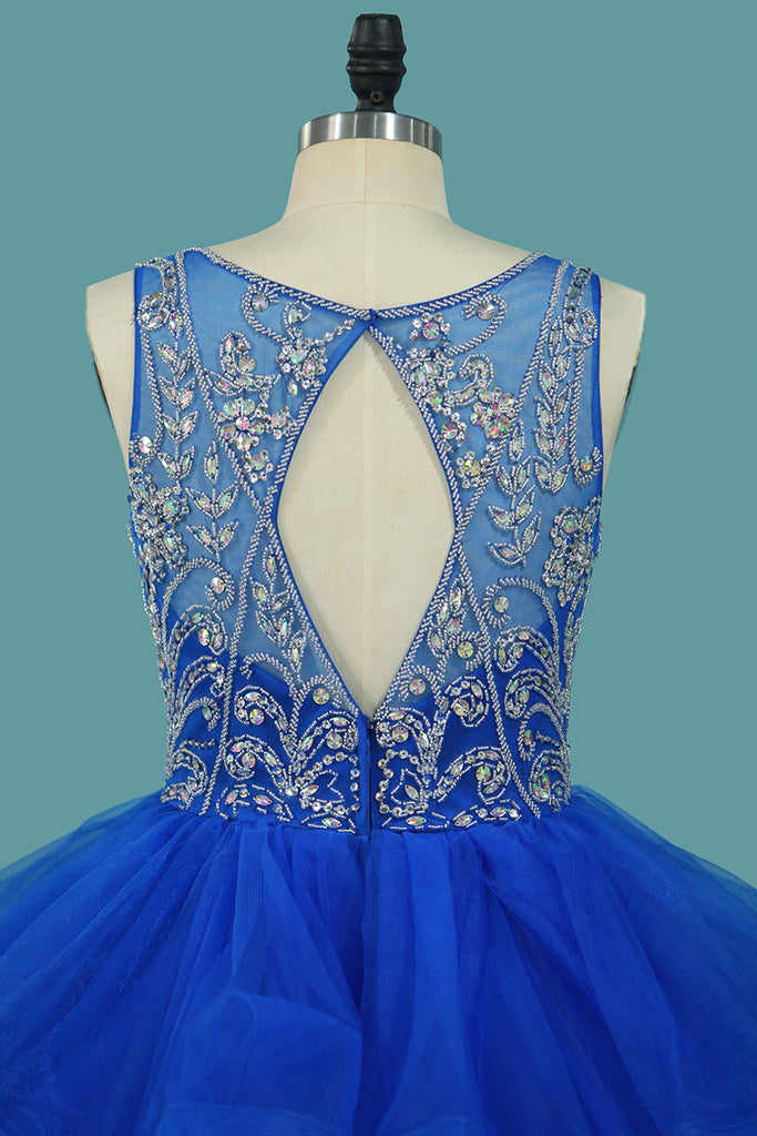 Princess Quinceanera Blue Tulle Beaded Bodice Ball Gown Prom Dress With Ruffles