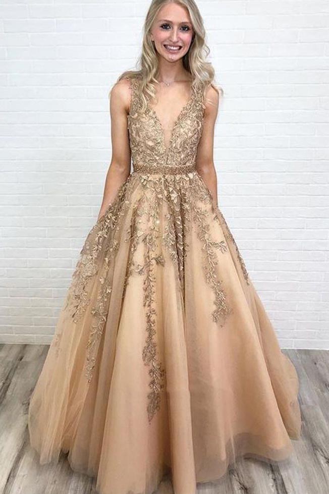 Tulle Lace Applique Long Prom Dress V-neck With Beading OP654
