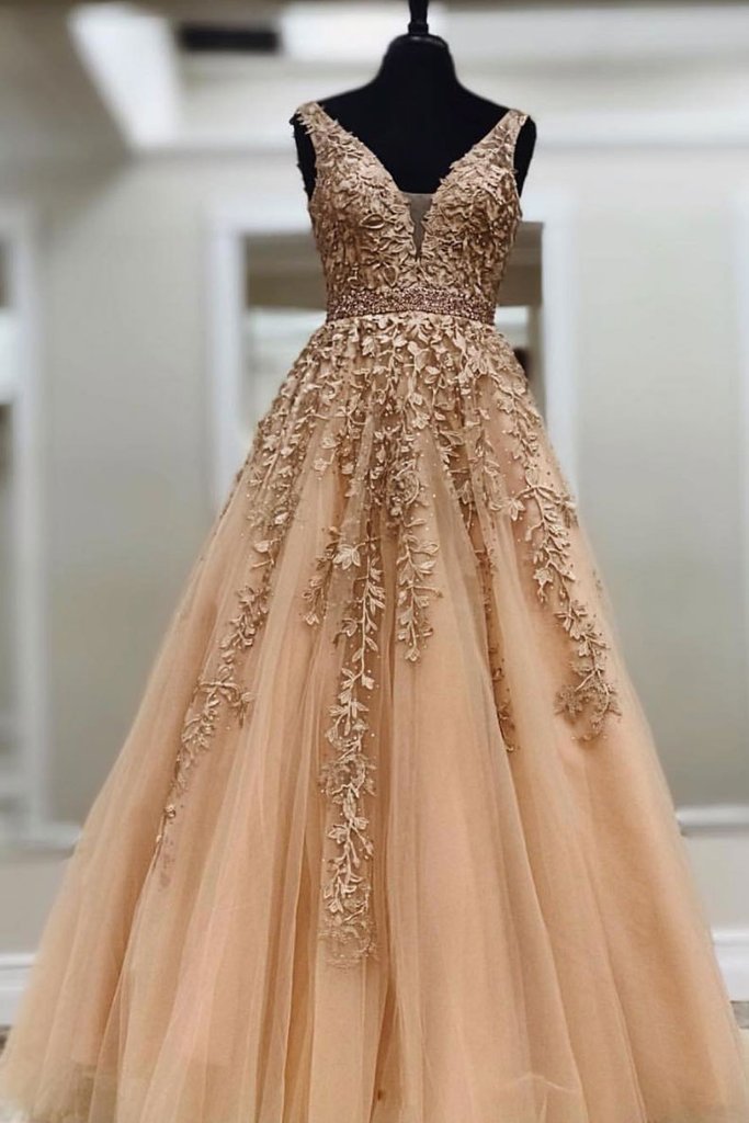 Tulle Lace Applique Long Prom Dress V-neck With Beading OP654