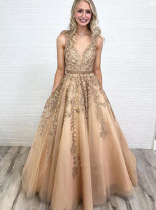 Tulle Lace Applique Long Prom Dress V-neck With Beading OP654
