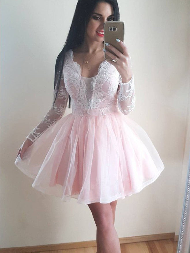 Long Sleeves Lace Appliques Tulle Plunge Neck Short Prom Dress OP141