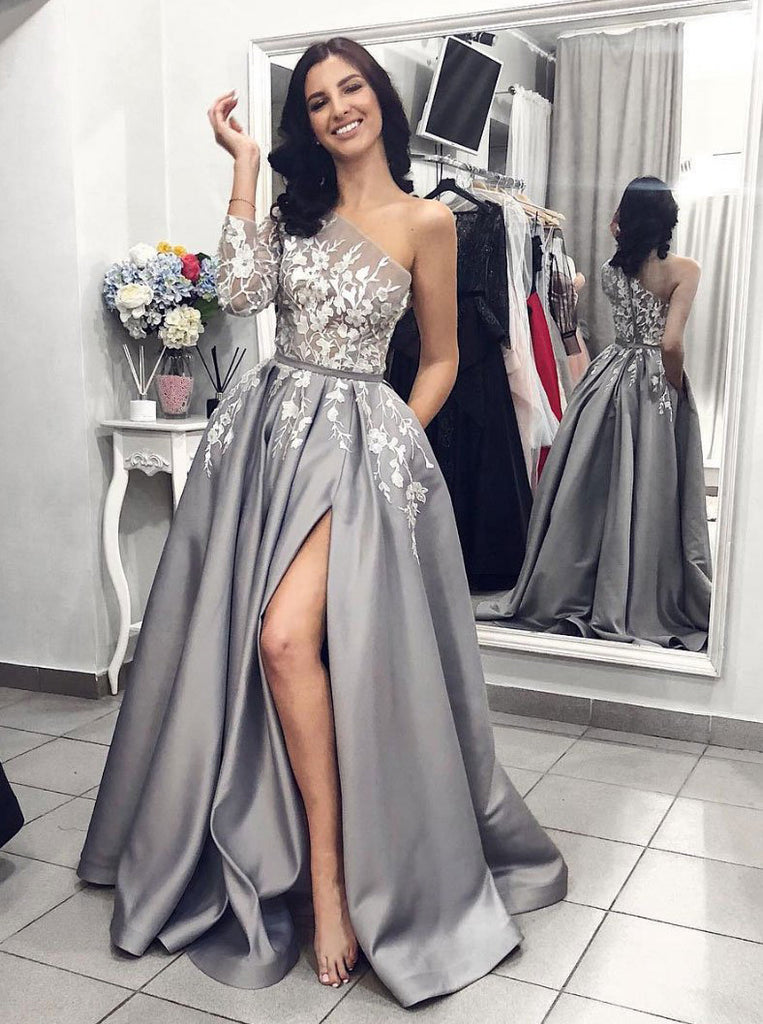 Unique One-Shoulder Long Sleeves Appliques Gray Prom Formal Dress With Unique One-Shoulder Long Sleeves Appliques Gray Prom Formal Dress With