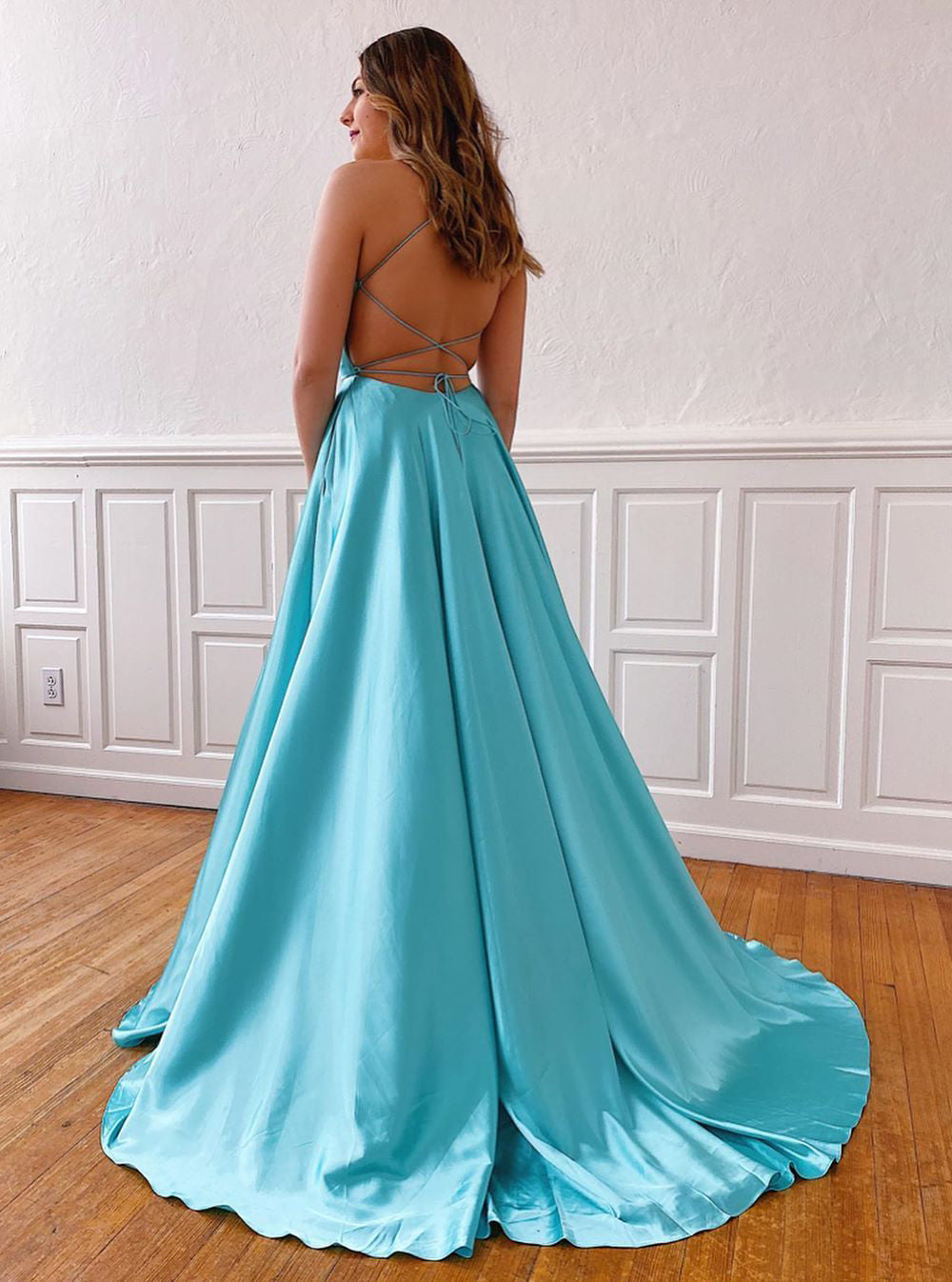 A-line Spaghetti Straps Blue Long Prom Dresses Cheap Evening Dress