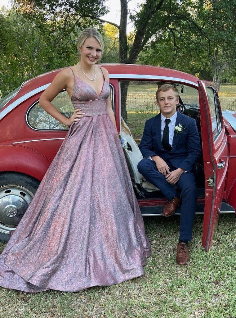 A-line Spaghetti Straps Grape Long Prom Dresses Sparkly Evening Gowns