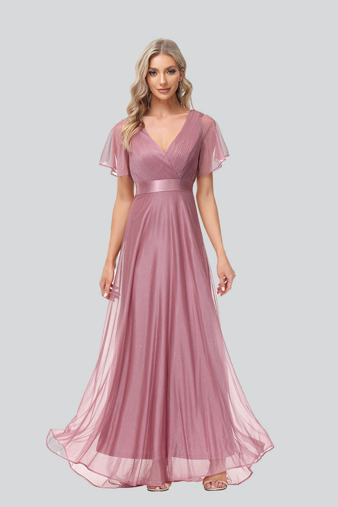 A Line V Neck Chiffon long Prom Dress Flowy Bridesmaid Dress