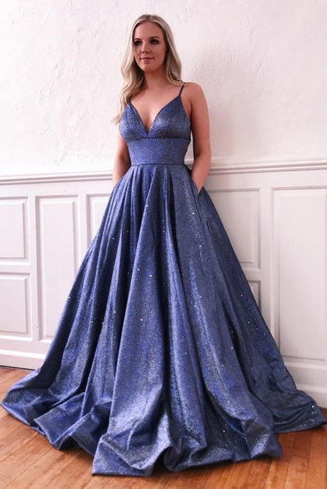 Modest Blue V-neck Spaghetti Straps Long Prom Dress With Pockets