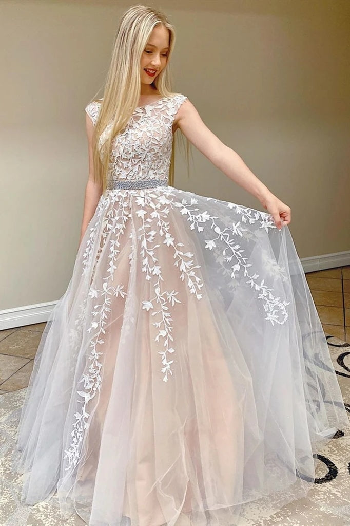 pretty long dresses Cute Tulle Lace Long Prom Dress, Long Sleeves Lace Formal Evening Dress