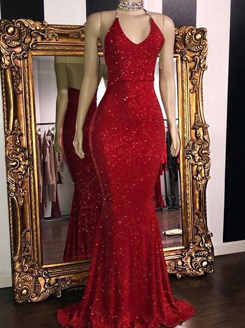 Sparkly Mermaid V-Neck Burgundy Prom Dress, Evening Dress With