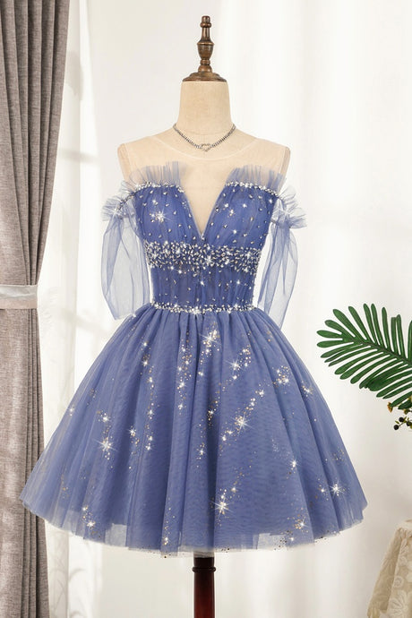 Flowy Cute A-line Blue Homecoming Dresses Short Beading Prom Dress OM918