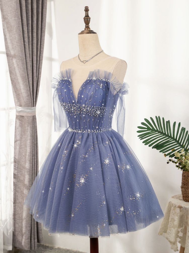 Dydsz Women's Appliques Prom Dress - Short A-Line Tulle Cocktail Gown With Beading, Keyhole Back, For Homecoming & Party