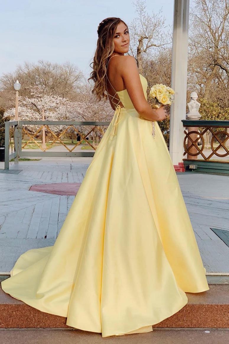 Yellow Backless Beaded Pockets Long Prom Dress Evening Dress OP658