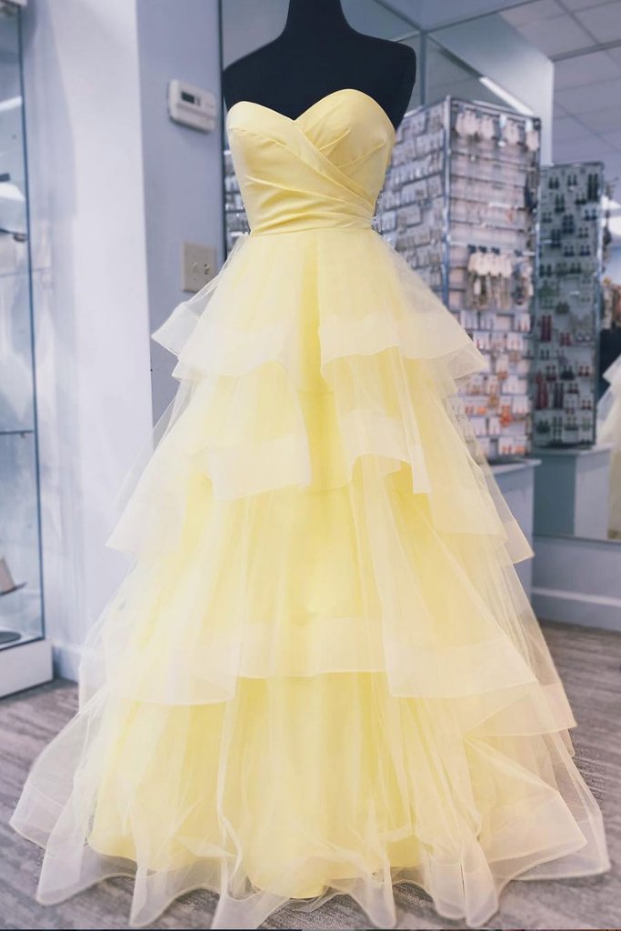 Yellow Sweetheart Tulle Long Prom Dress With Layered Dance Gown OP652