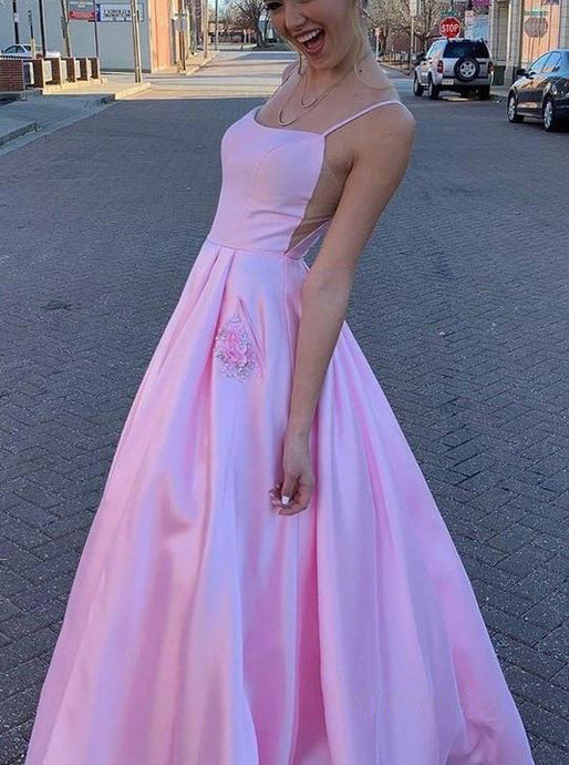 A-line Spaghetti Straps Satin Prom Dresses Long Pink Formal Evening Gown