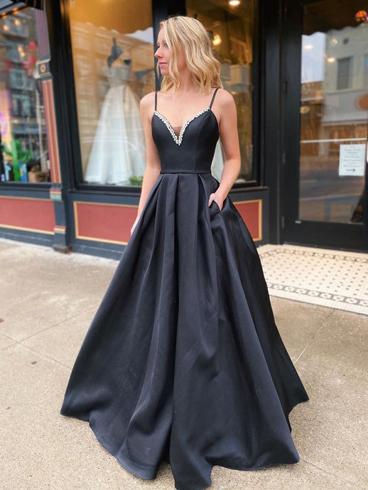A-line Spaghetti Straps Black Prom Dresses Long Evening Dress