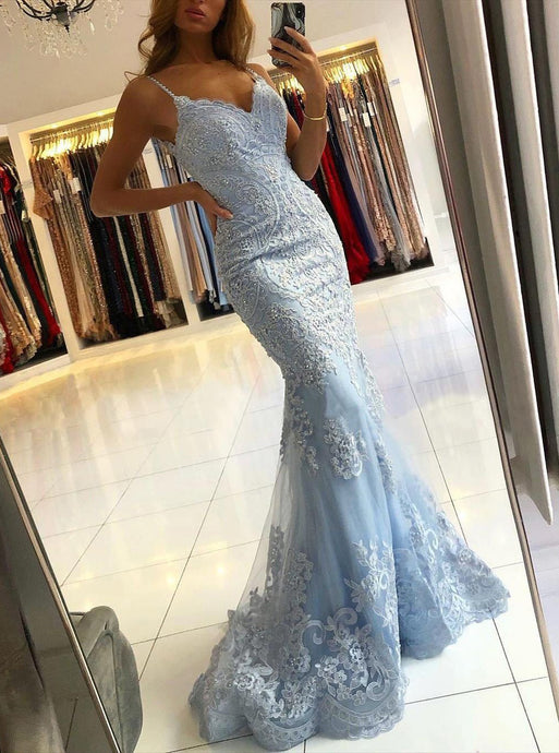 Chic Mermaid Spaghetti Straps Lace Long Prom Dresses Sky Blue Evening Dress