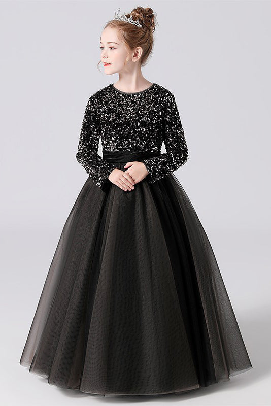 Black Tulle Long Sleeves Floor Length Flower Girl Dress With Sequins