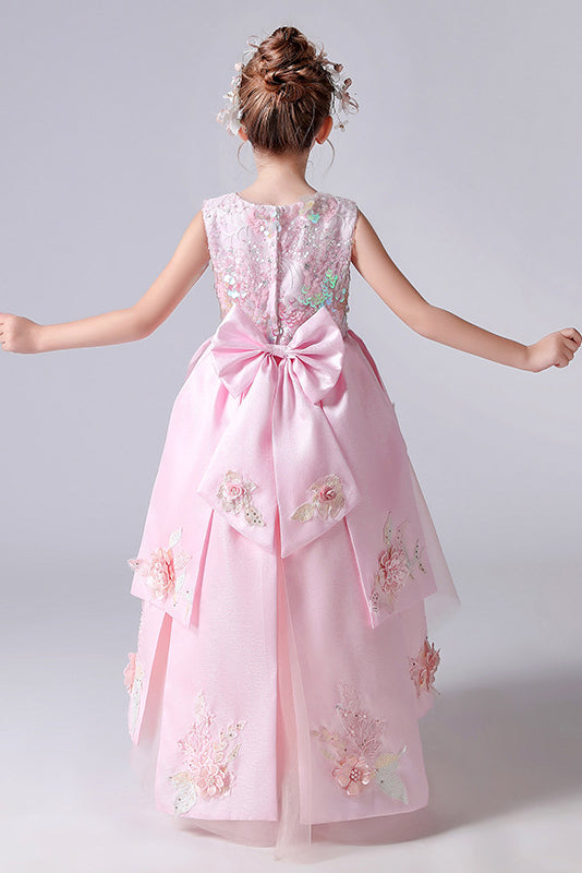 Pink Round Neck Sleeveless Flower Girl Dress With Appliques