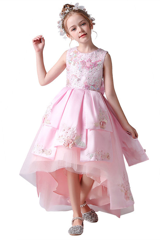 Pink Round Neck Sleeveless Flower Girl Dress With Appliques