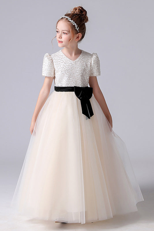 A- Line Short Sleeves Tulle Beading Flower Girl Dress With Bowknot