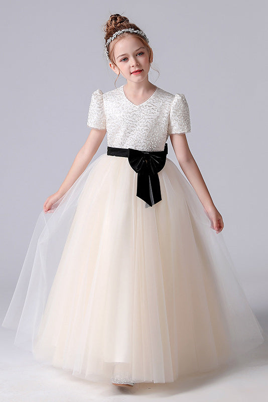 A- Line Short Sleeves Tulle Beading Flower Girl Dress With Bowknot