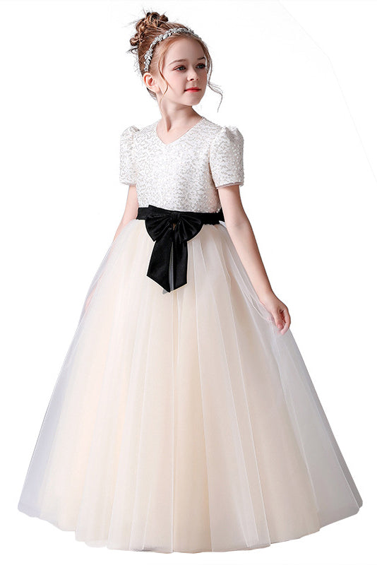 A- Line Short Sleeves Tulle Beading Flower Girl Dress With Bowknot