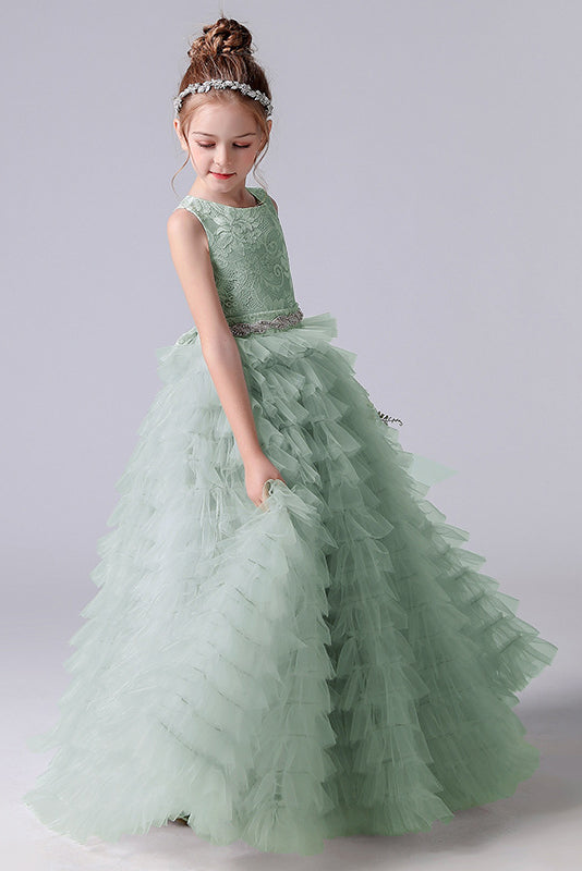 A-Line Sleeveless Tulle Layers Princess Flower Girl Gown With Belt