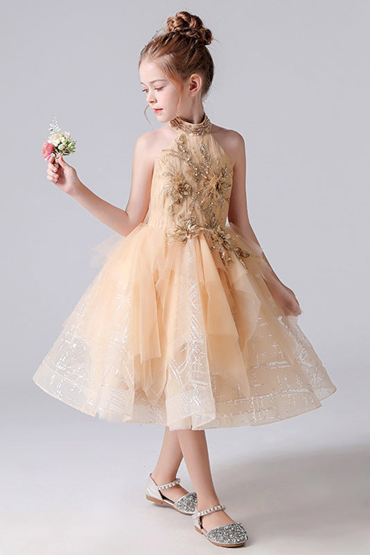 Cute Halter Sleeveless Appliques Flower Girl Dress