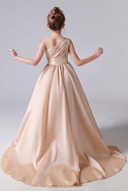 One shoulder Champagne Pleats Flower Girl Dress With Fower Belt